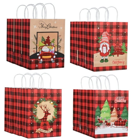 LONGRV 12-Pack Medium Premium Christmas Gift Bags - Classic Red & Black Check Gift Bags Bulk Christmas Bags - Perfect for Christmas Party Favors, Gift Bags, Holiday Gift Boxes and Gifts