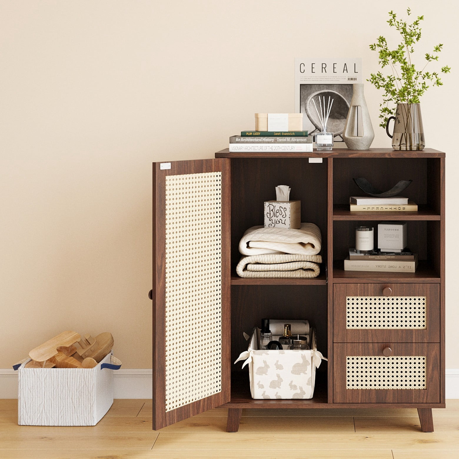 Rattan Buffet Cabinet with Drawers & Adjustable Shelf, Modern Farmhouse Sideboard Storage Cabinet for Living Room, Kitchen, Entryway, Walnut