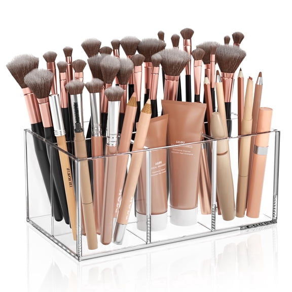 Niubee Acrylic Makeup Brush Holder with 6 Slots Brush Organizer, Clear Storage Holder for Bathroom, Bedroom, or Office Desk Accessories