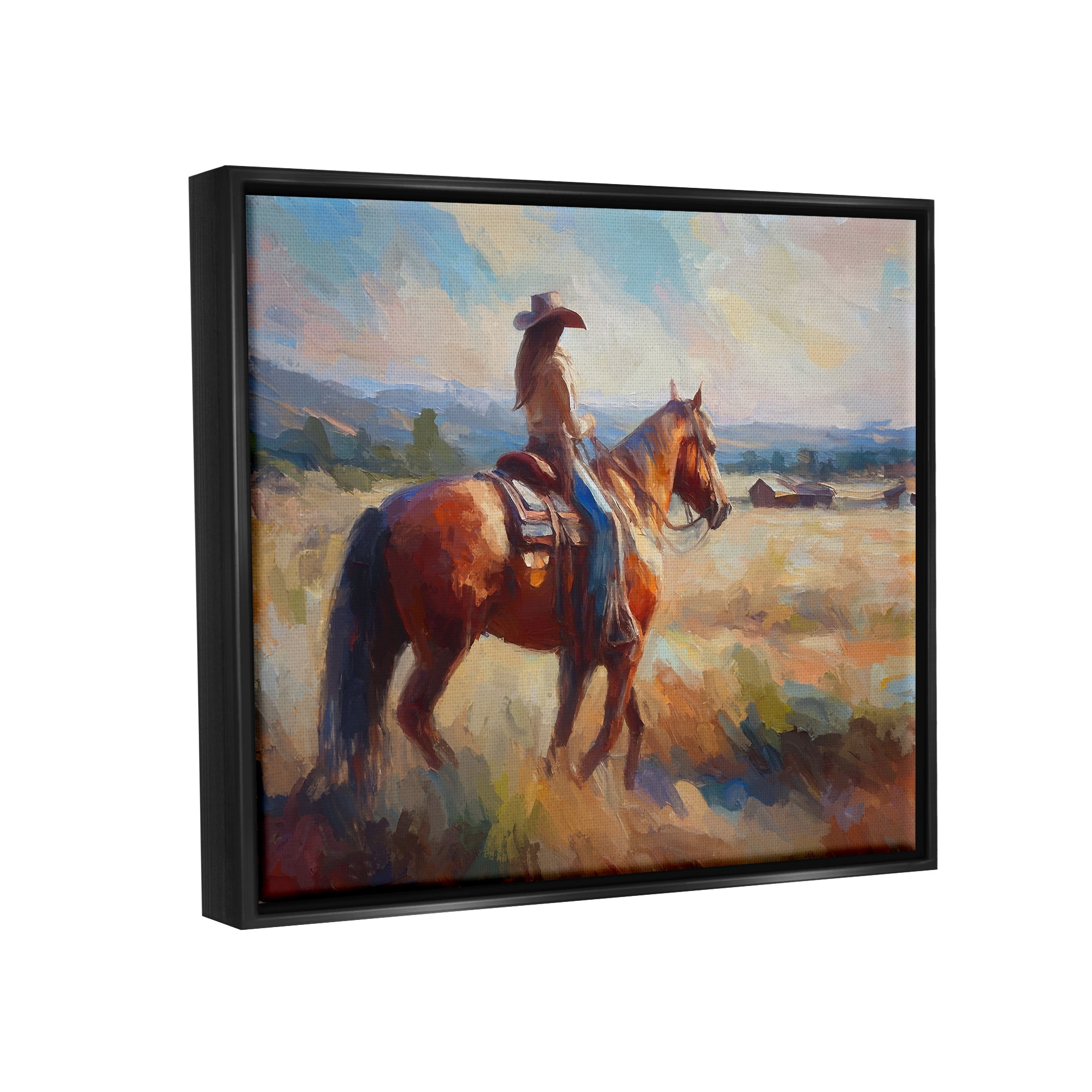 Stupell Industries Cowgirl in Western Scene Animals & Insects Painting Black Floater Framed Canvas Art Print Wall Art, 21 x 17