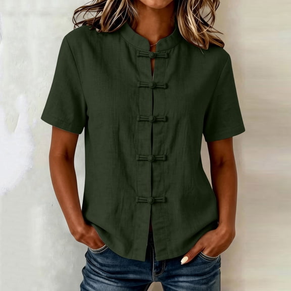 ClodeEU Women's Chinese Frog Button Stand Collar Short Sleeve Blouse,Solid Casual Summer Shirt Top Army Green,Women's Plus L