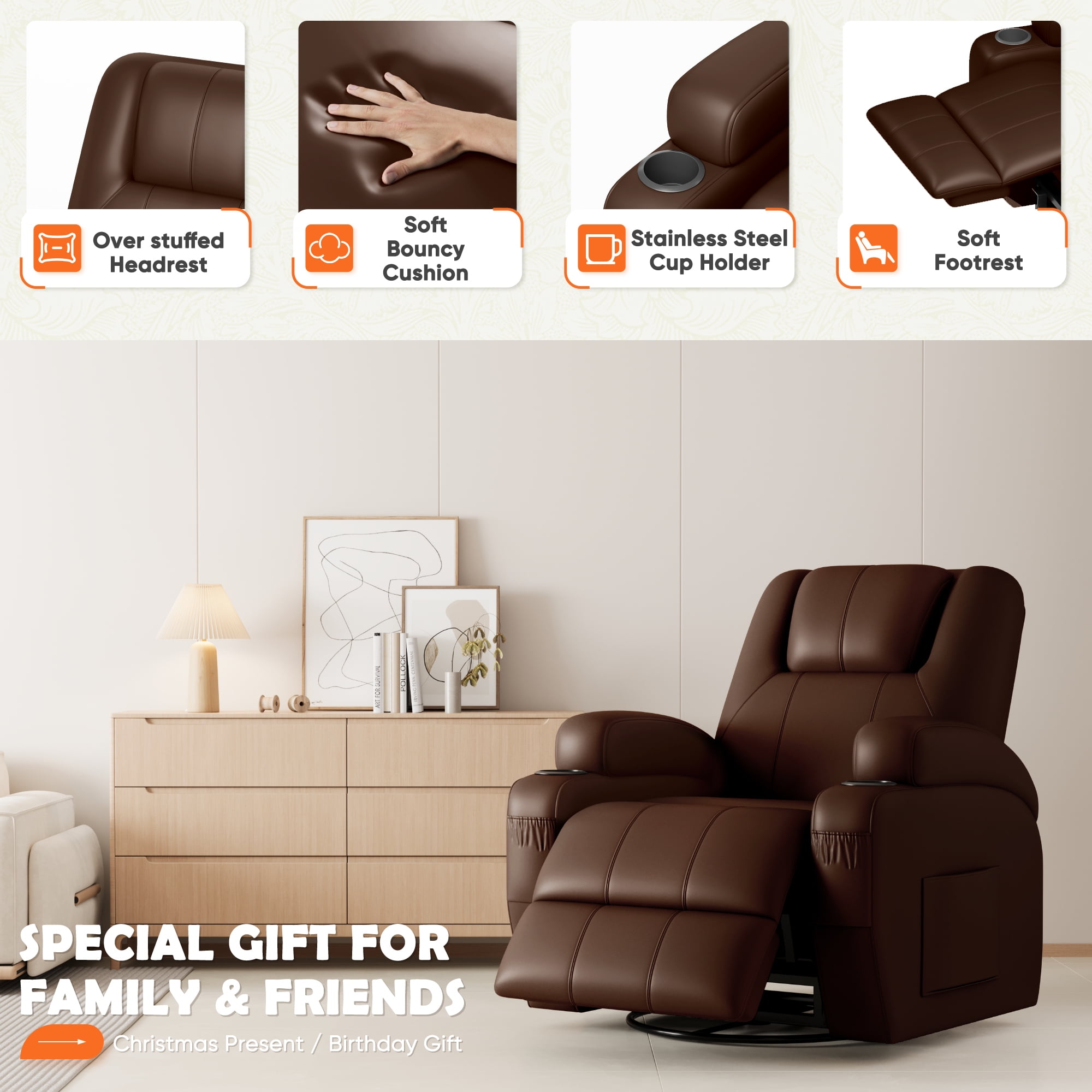 Furmax 360° Swivel Rocking Chair Power Massage Recliner With nursing Needs Oversized Furniture For Living Room,,PU Brown