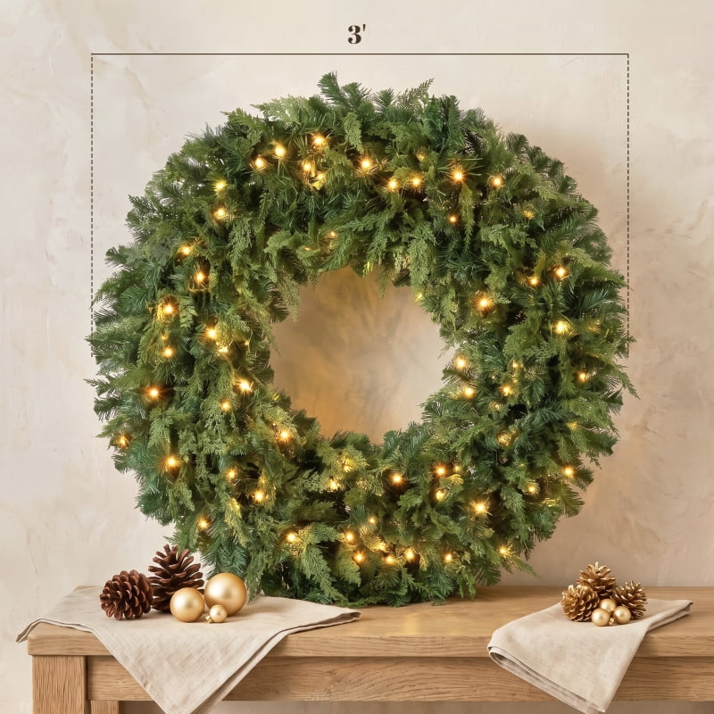 Alvantor Christmas Wreath Pre-Lit Crestwood Spruce with 100 LEDs & 8 Modes 36"x36"x6" Green