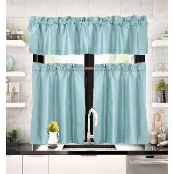 3 pieces Kitchen window set 2 Curtain panels linen and 1 Valance Blackout Rod Pocket for Bathroom Home décor WK4 Teal blue color