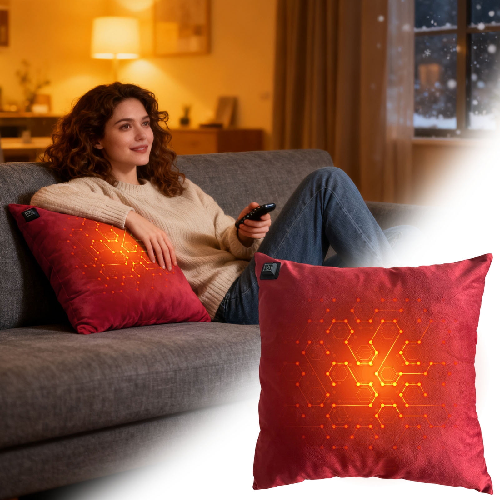 Heated Pillow for Lumbar Support 3 Heat Settings Rechargeable Warm Heating Pad Pillow Battery Operated USB for Period Cramp Abdomen Neck Back Pain Relief Sleeping, red