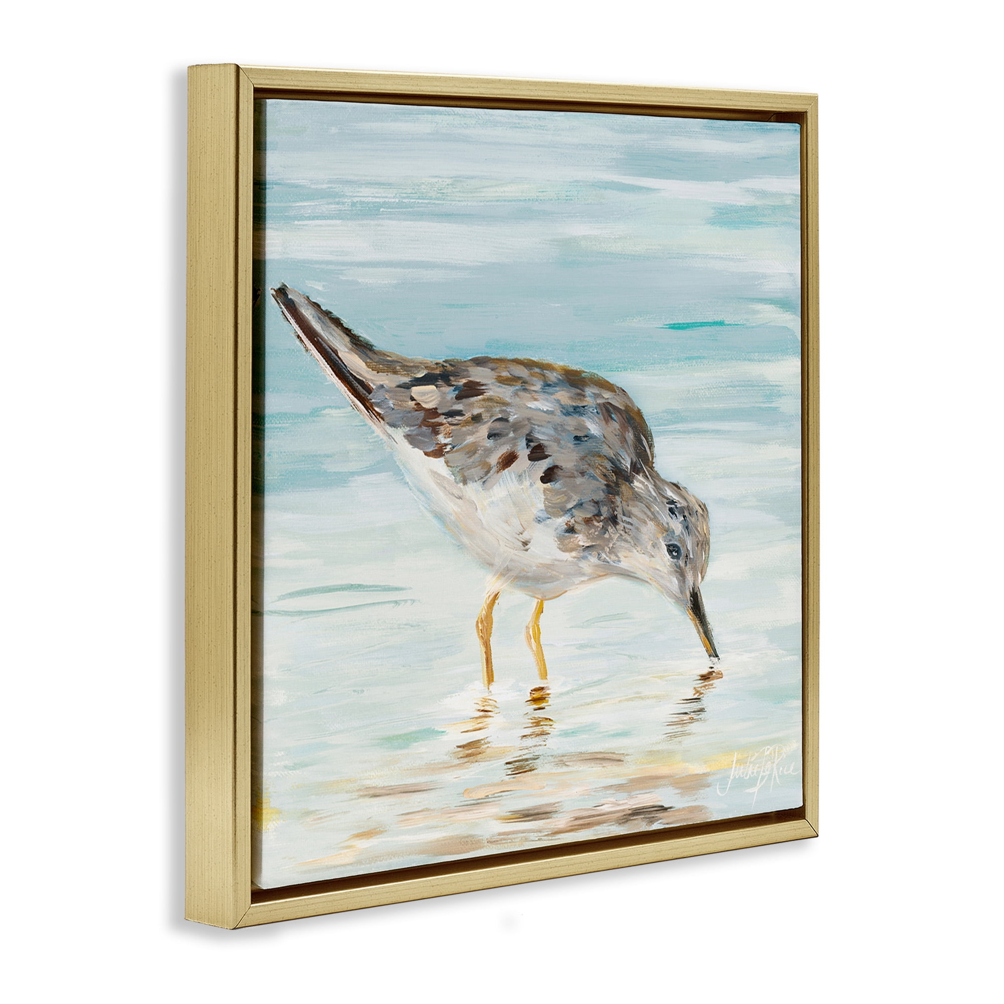Stupell Industries Sandpiper on Shallow Beach Coast Animals & Insects Painting Gold Floater Framed Canvas Art Print Wall Art, 25 x 25