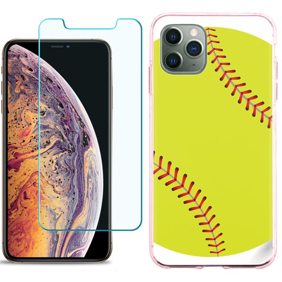 For Apple iPhone 11 PRO Case, Slim-Fit TPU Protective Phone Case (Pink Bezel) with Tempered Glass Screen Protector, by OneToughShield ® - Softball Green