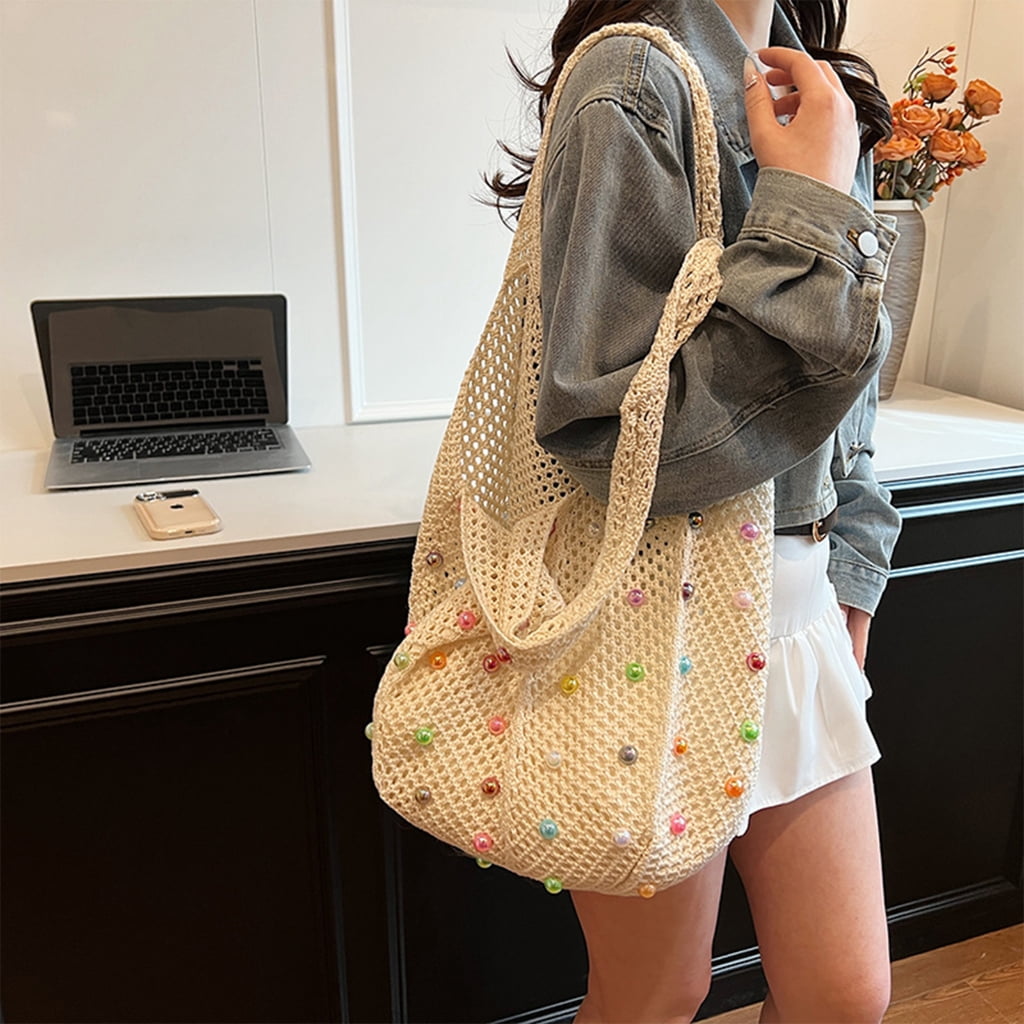 Aurgiarme Women's Crochet Beach Bag Knit Shoulder Bag with Beads Decoration Large Capacity Underarm Handbag for Outdoor