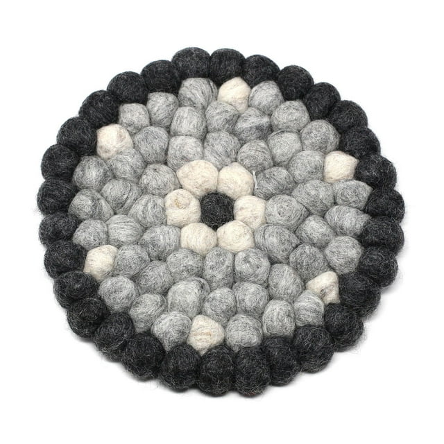 Global Groove GLG50059-04L Hand Crafted Felt Ball Trivets, Round Flower Design - Black & Grey