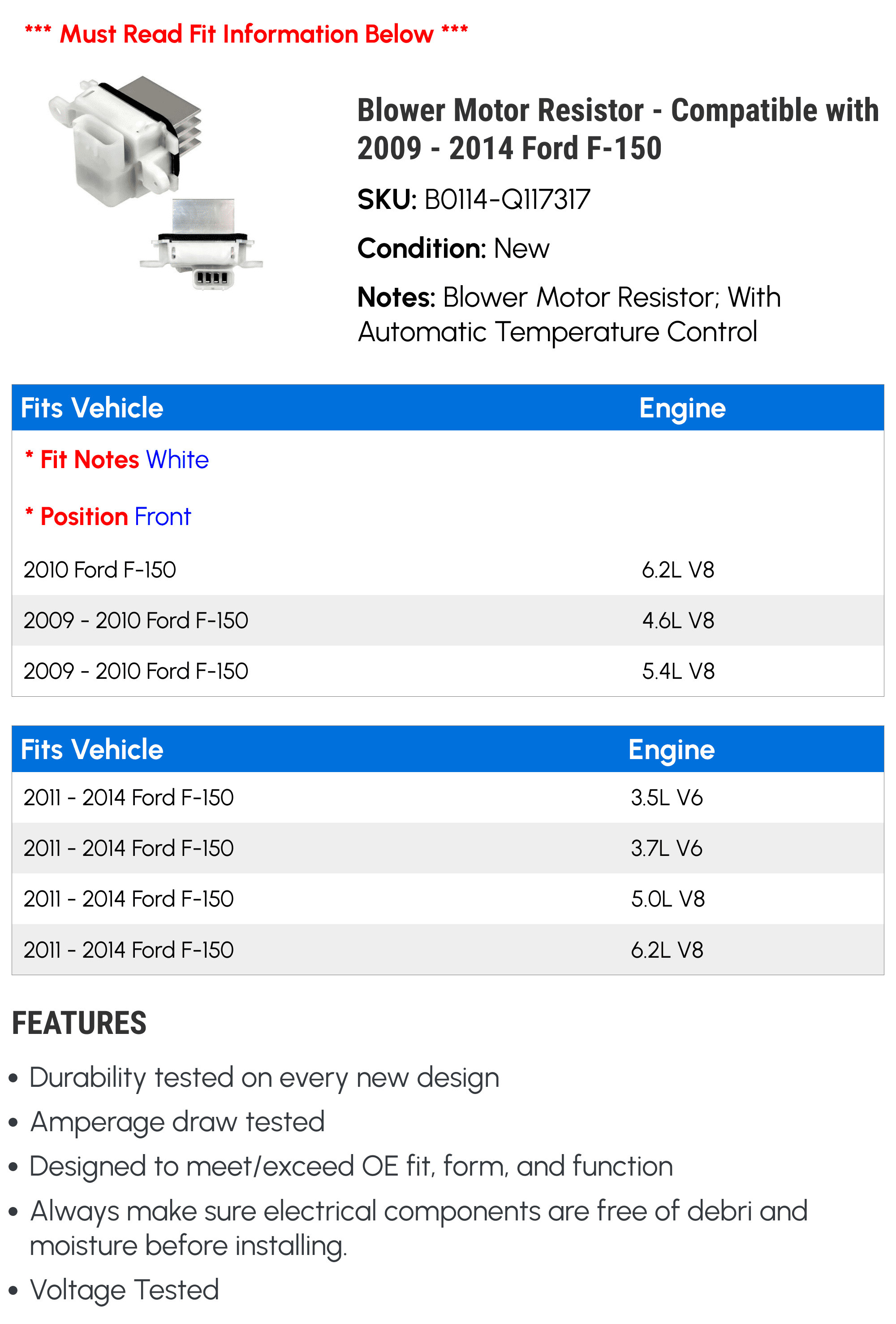 Blower Motor Resistor - Compatible with 2009 - 2014 Ford F-150 2010 2011 2012 2013