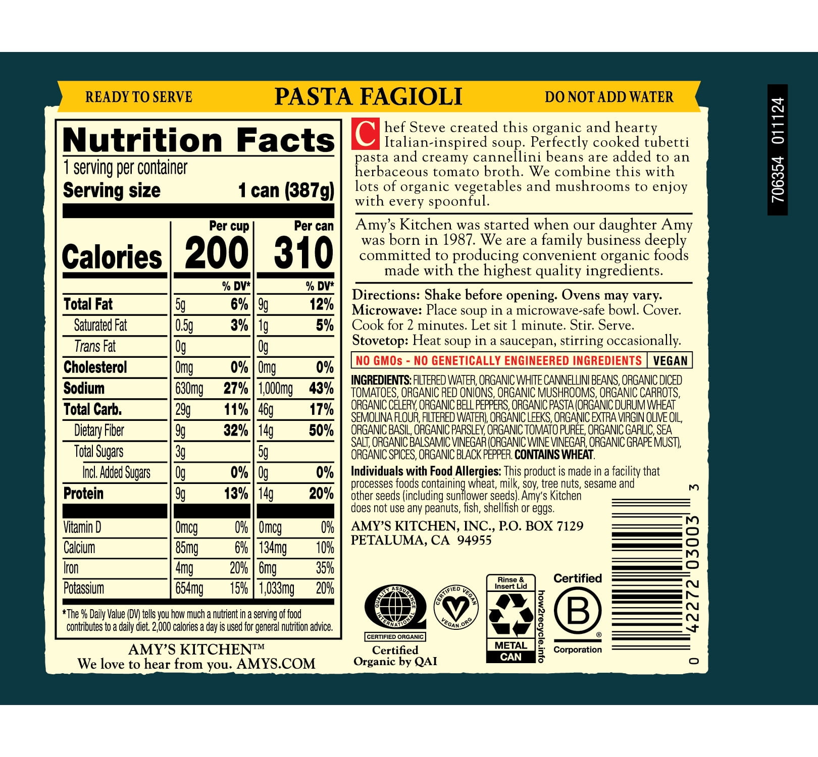 (3 pack) Amy’s Kitchen, Organic Pasta Fagioli Soup, Made with Organic Pasta and Vegetables, Canned, 13.65 oz