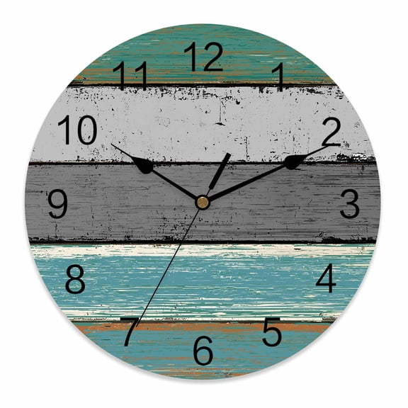 Silent Wall Clocks Battery Operated, Teal Grey Farmhouse Wood Texture Round Decorative Wall Clock for Living Room Bedroom Kitchen Bathroom Classroom Decor, 10 Inch Vintage Rustic Wooden Plank