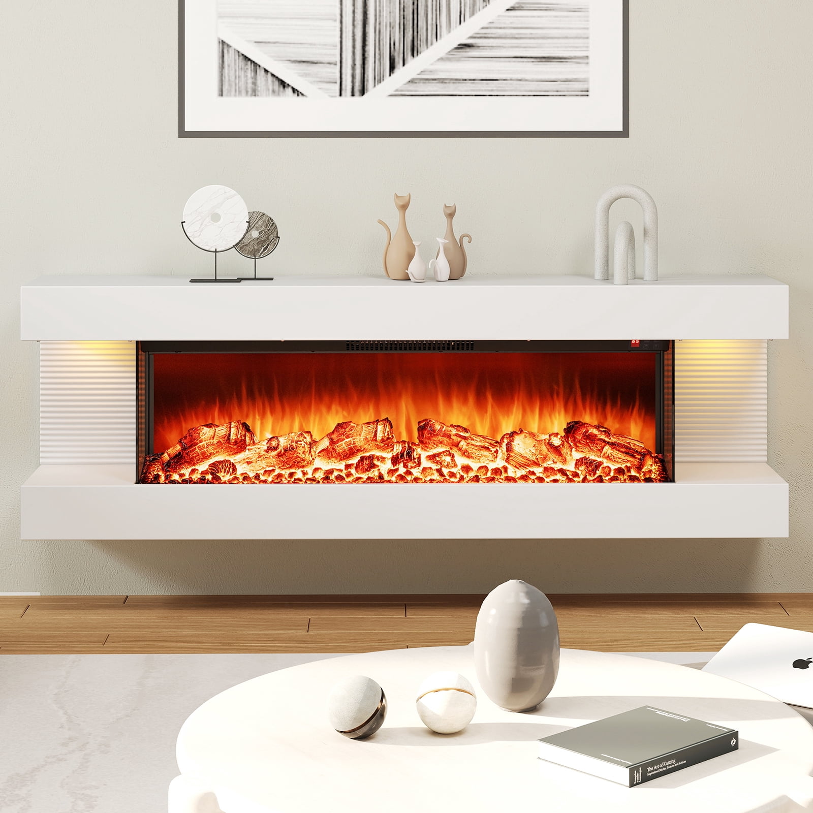 Giantex Wall-Mounted Electric Fireplace Mantel, 18" Fireplace & 32" Floating Mantel w/Overheat Protection & 8H Timer