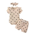thumbnail image 3 of Loopsun Girls Short Sleeve Round Neck Shirts Print Romper Shorts and Headband 3 Piece Ruffle Sleeve Outfit Beige, 6-12 Months, 3 of 5
