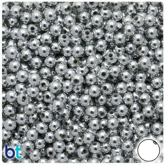 BeadTin Silver Metallic 6mm Round Plastic Craft Beads (300pcs)