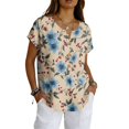 thumbnail image 3 of Vintage Floral V-Neck Tunic Tops for Women - Short Sleeve Button Detail Casual Blouse, Loose Fit Cotton-Linen Look Pullover Shirt for Summer & Vacation Complexion S, 3 of 6