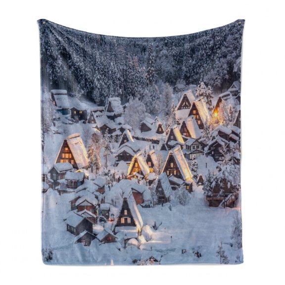 Winter Soft Flannel Fleece Throw Blanket, Shirakawago Scenery in Gifu Chubu Japan, Cozy Plush for Indoor and Outdoor Use, 60" x 80", Pale Purpleblue Brown, by Ambesonne