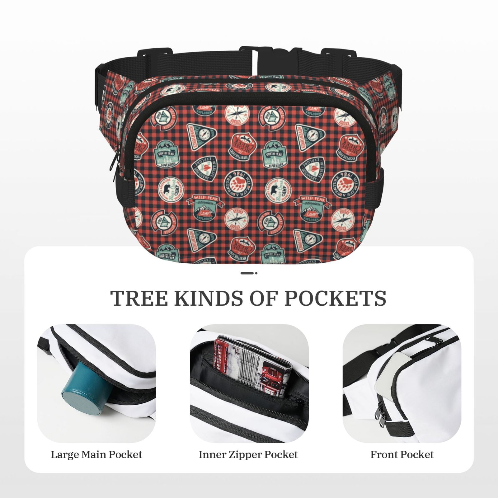 Picia Mountain Adventure Badges Print Square Double-Layer Waist Bag Mini Adjustable Waist Belt Bag Exercise Running Travel Hiking