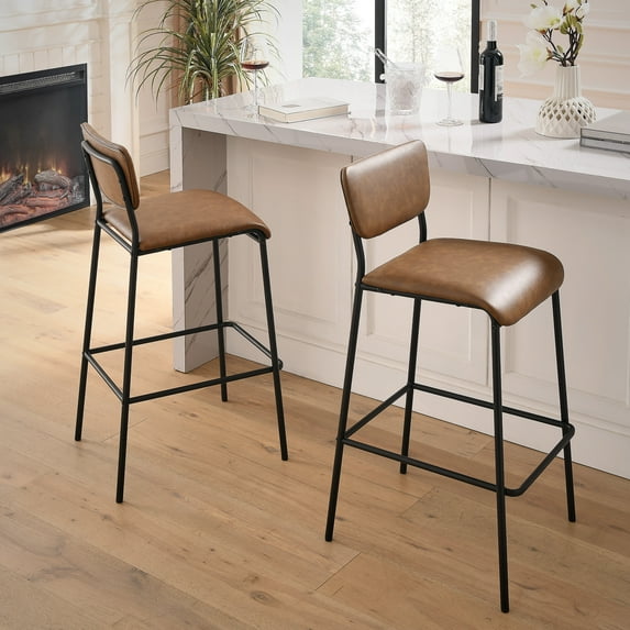 Pu Faux Leather Bar Stools Set of 2, Pub Barstools with Back and Footrest,Modern Armless Bar Height Stool Chairs