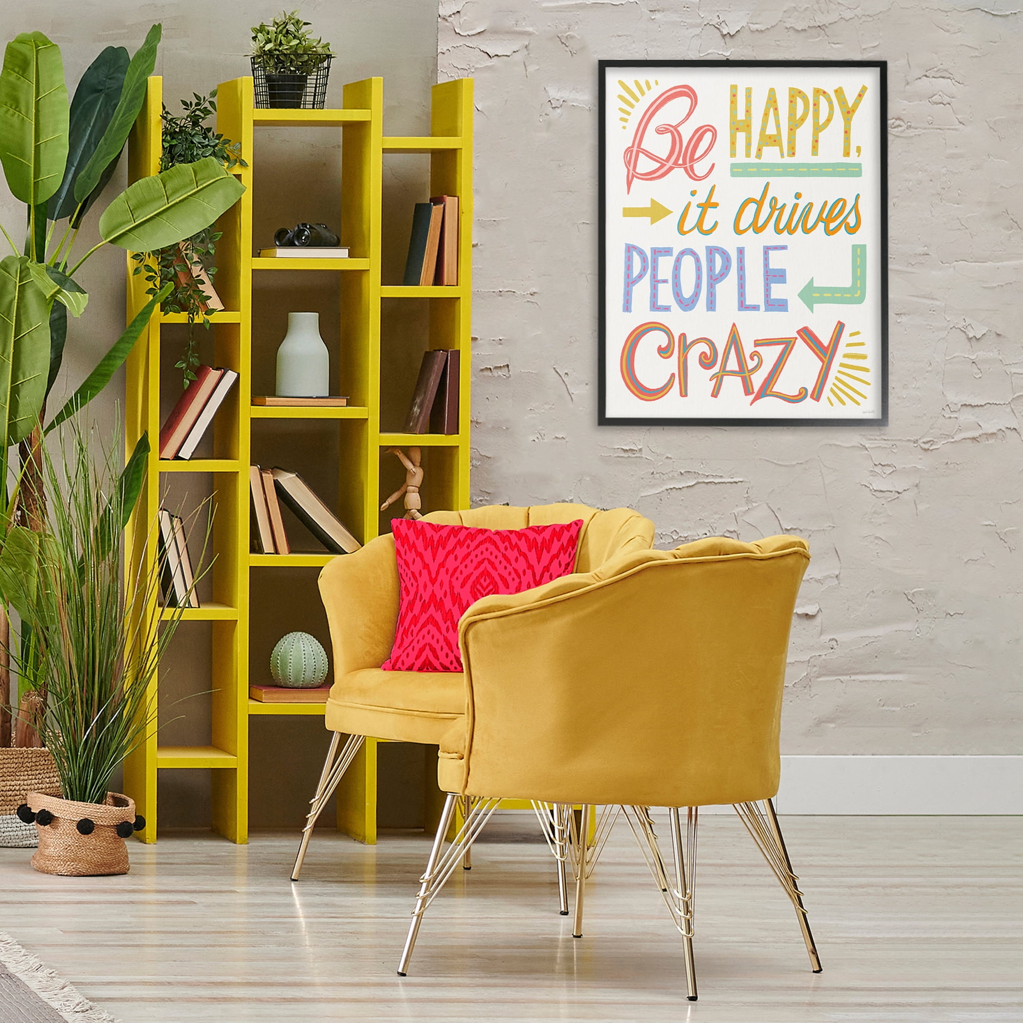Stupell Industries Bright Be Happy Phrase Typography Painting Black Framed Art Print Wall Art, 24 x 30