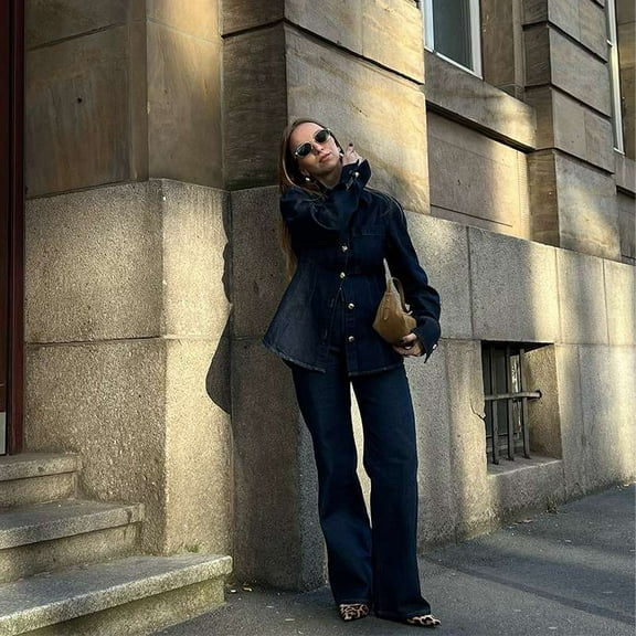 Classic Dark Denim Pants and Shirt Set (S, Blue)