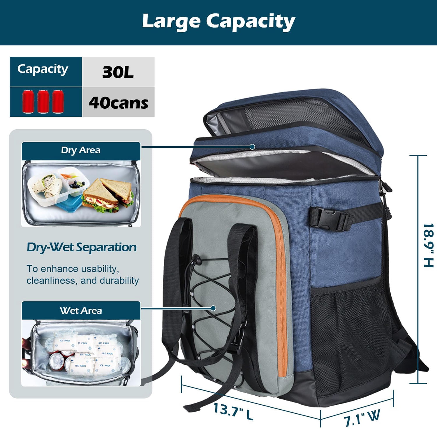HOMEYA Cooler Backpack,40 Cans Backpack Cooler Insulated Leak Proof,Portable Multifunctional Double Deck Camping Coolers Bag for Picnic Hiking Travel,Navy Blue