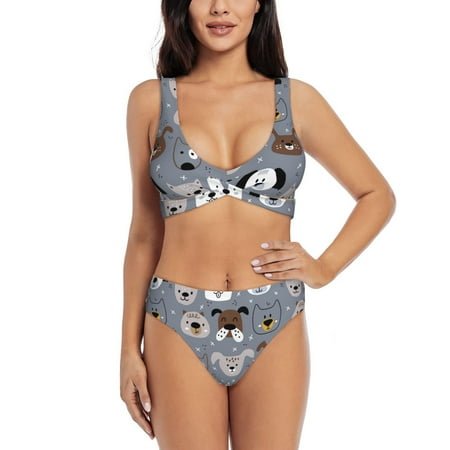 Zeuib Cute Dog Faces High Waisted Tummy Control Bikini Set - Knot Front Push Up Top & Cheeky Thong Bottom  Two-Piece Swimsuit for Women-XX-Large
