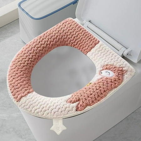 Lunxisen 4 Pcs Toilet Seat Cover Bathroom Soft Thicker Warmer with Snaps Fixed Stretchable Washable Fiber Cloth Toilet Seat Covers Pads Easy Installation Cleaning