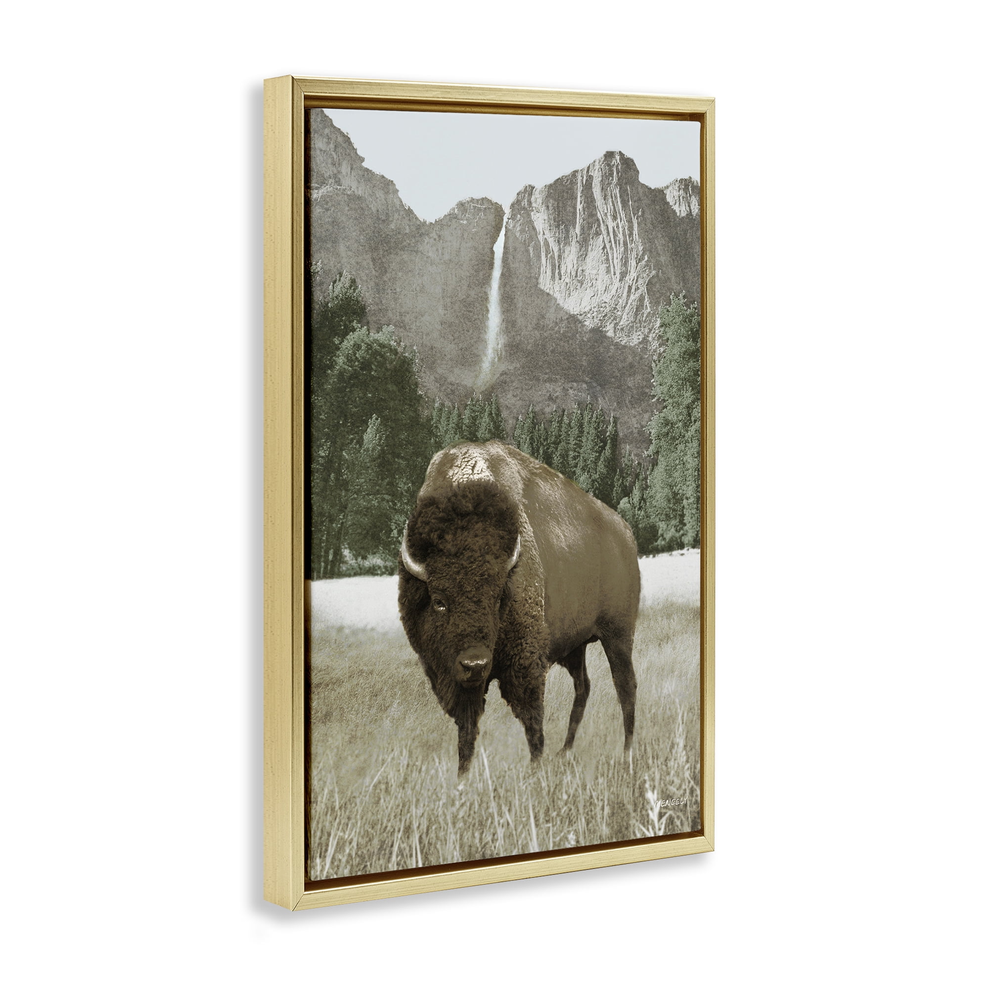 Stupell Industries Bison & Mountain Landscape Animals & Insects Photography Gold Floater Framed Canvas Art Print Wall Art, 21 x 31