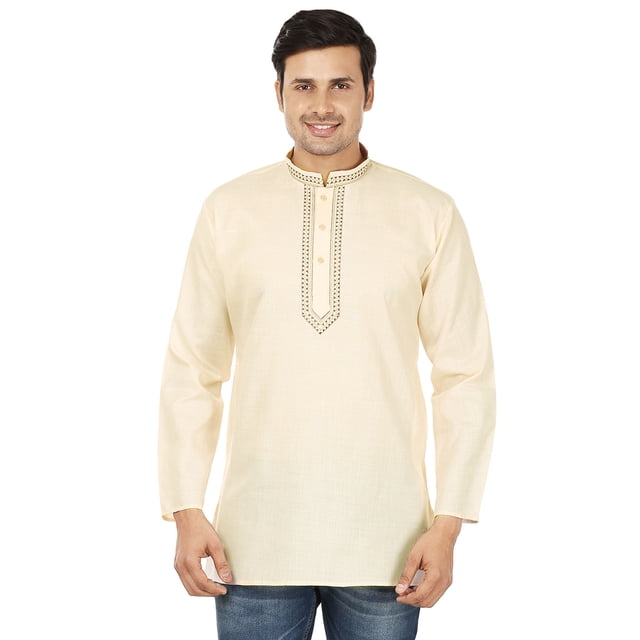 Kurta Courte en Coton pour Hommes Robe Mode Indienne Vêtements (Crème, L)