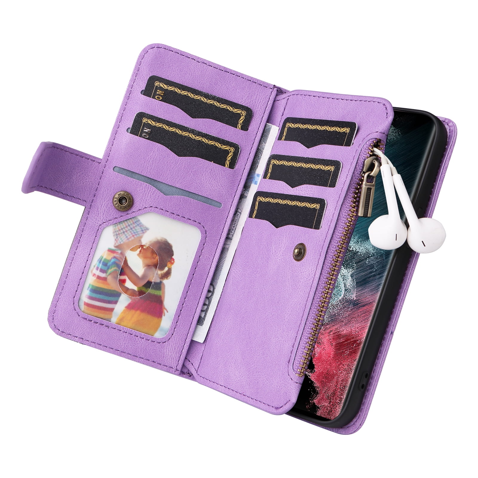 Dteck for Samsung Galaxy S23 Ultra Case Wallet with 9 Card Slots, Zipper Pocket PU Leather Folio Flip Phone Case with Wristlet Strap for Samsung Galaxy S23 Ultra 6.8 Inch, Purple