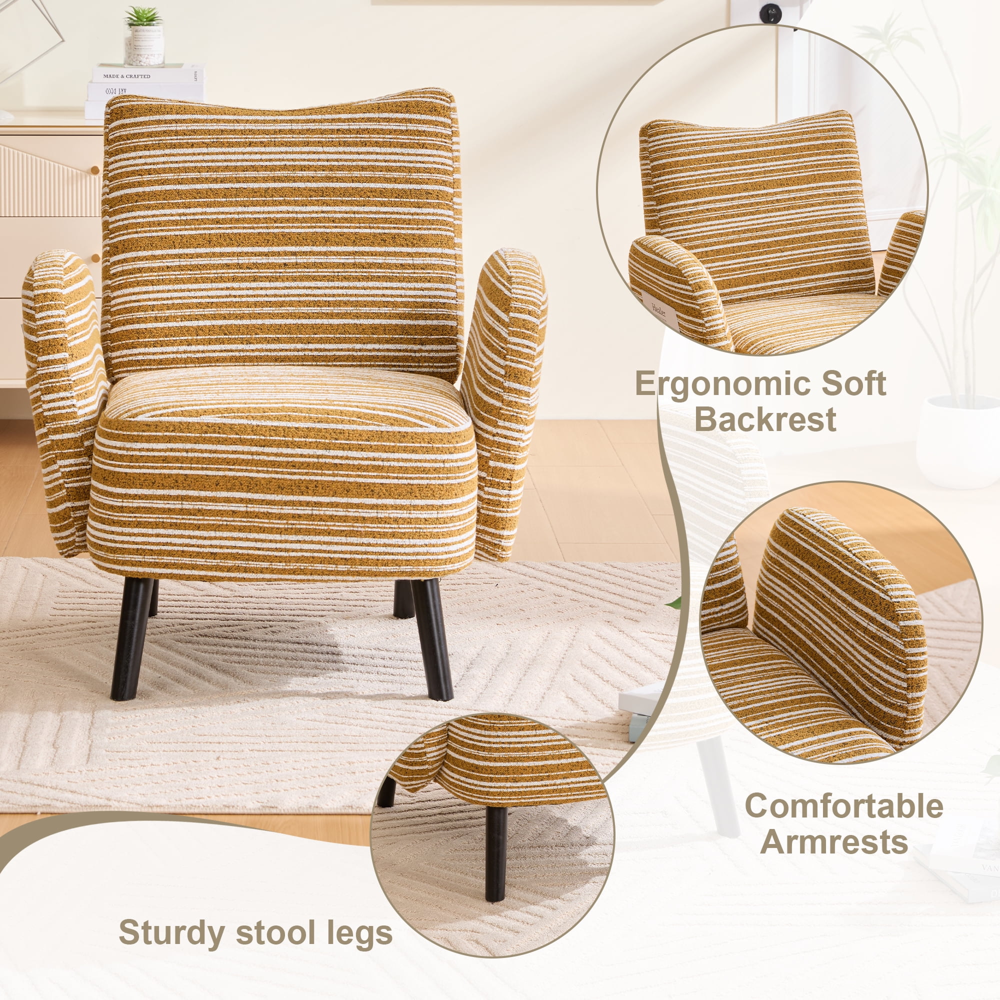 MOONMISS Modern Accent Chair with Ultra-Comfortable Armrests, Pillows and Storage Pockets, Deep-Seated Loveseat Sofa Couch for Bedroom, Small Spaces, Apartments (Mustard Yellow)