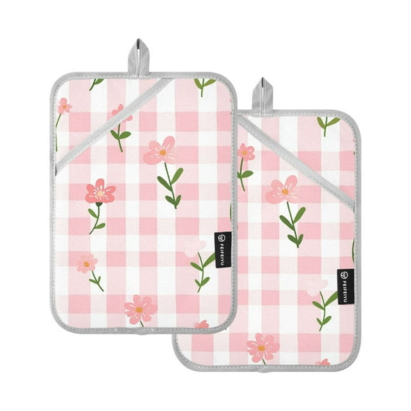 Pinkish Checkerboard Pastel Florals Potholders Heat Resistant Pot Holder Set of 2 Oven Hot Pads with Pocket