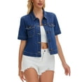 thumbnail image 4 of INSPIRE CHIC Women's Jean Jacket Crop Button Down with Pockets Casual Short Sleeve Denim Shirt S Dark Blue, 4 of 6