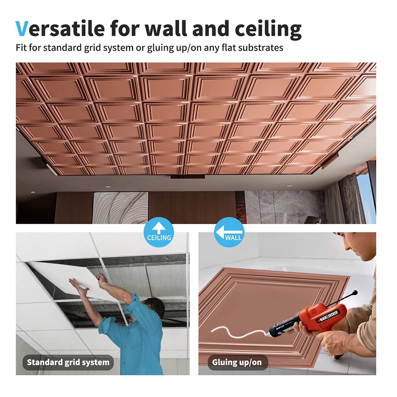 Art3d PVC Ceiling Tiles, 2'x2' Plastic Sheet in Copper (12-Pack)
