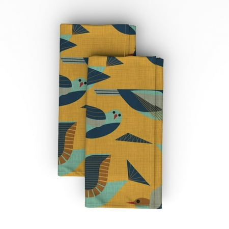 

Linen Cotton Canvas Dinner Napkins (Set of 2) - Birds Flying Mustard Retro Mod Mid Century 1950S Blue Yellow Abstract Print Cloth Dinner Napkins by Spoonflower