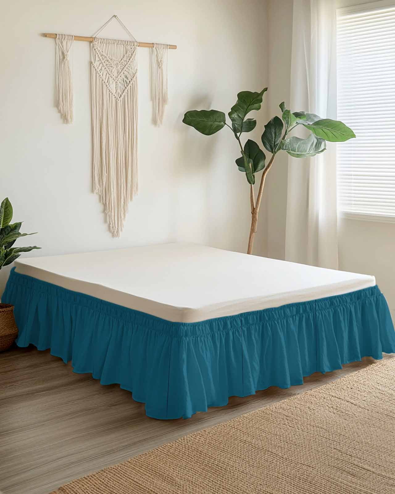 Solid Dark Bed Skirt Queen Size 16" Drop Teal Ruffled Wrap Around Bed Skirts Adjustable Elastic Bedskirt Dust Ruffle for Queen Size Bed