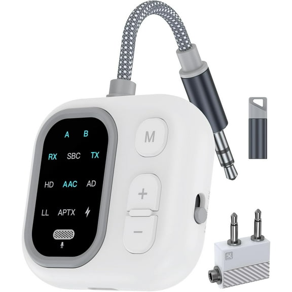 Bluetooth 5.3 Adapter for Airplane, Support 2 AirPods Dual Wireless Headphones, aptX Adaptive 3.5mm AUX Jack Wireless Audio Transmitter for TV, Airline, Planes, Travel Essentials