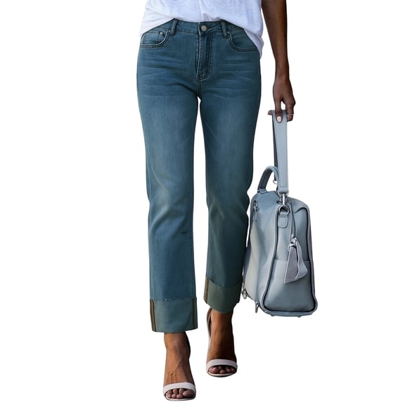 LWavelet Women High Waisted Cuffed Ankle Jeans Contrast Hem Washed Denim Pants Cropped Straight Leg Casual Jeans for Women Royal Blue M