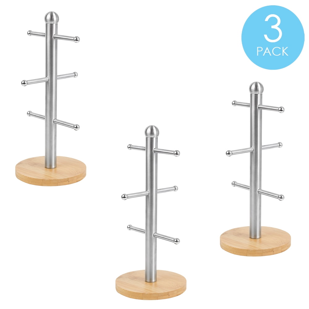 6 Cup Steel Mug Tree Holder Stand with Bamboo Base, Natural