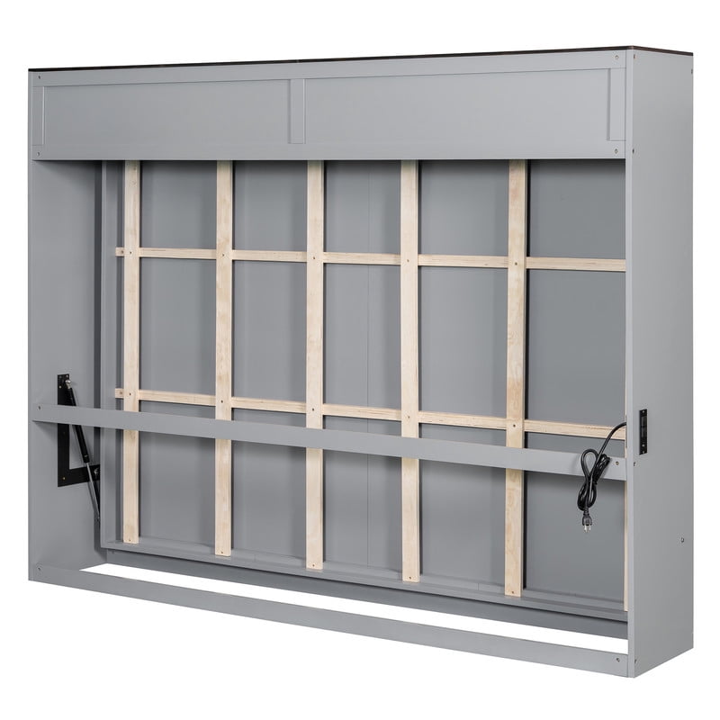 Queen Size Wood Murphy Bed with Hidden Folding Platfom Bed, Wall Cabinet Bed Frame with Shelf Top & Side Charging Station