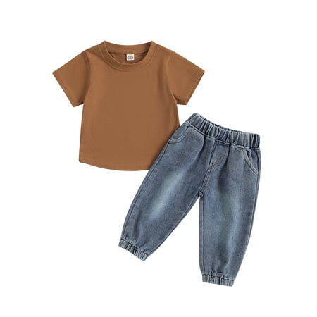 

Qtinghua 2Pcs Infant Baby Boy Outfits 6 12 18 24 Months 2T 3T Solid Short Sleeve Top Demin Pants Summer Clothes Coffee 2-3 Years