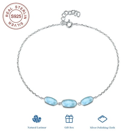 GEMSME 925 Sterling Silver Natural Larimar Bracelets for Women Men Hypoallergenic Blue Gemstone adjustable Bracelet 7 inches