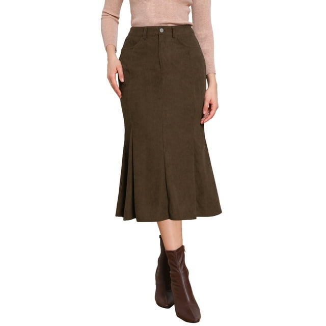 Falda de pana INSPIRE CHIC para mujeres, alta cintura, elegante y casual, con cola de pez, midi, talla XL, marrón