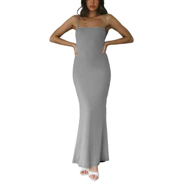 Kmbangi Robe Longue d'Été pour Femmes Couleur Unie Sans Manches Robe de Soirée Mode Tenue de Club