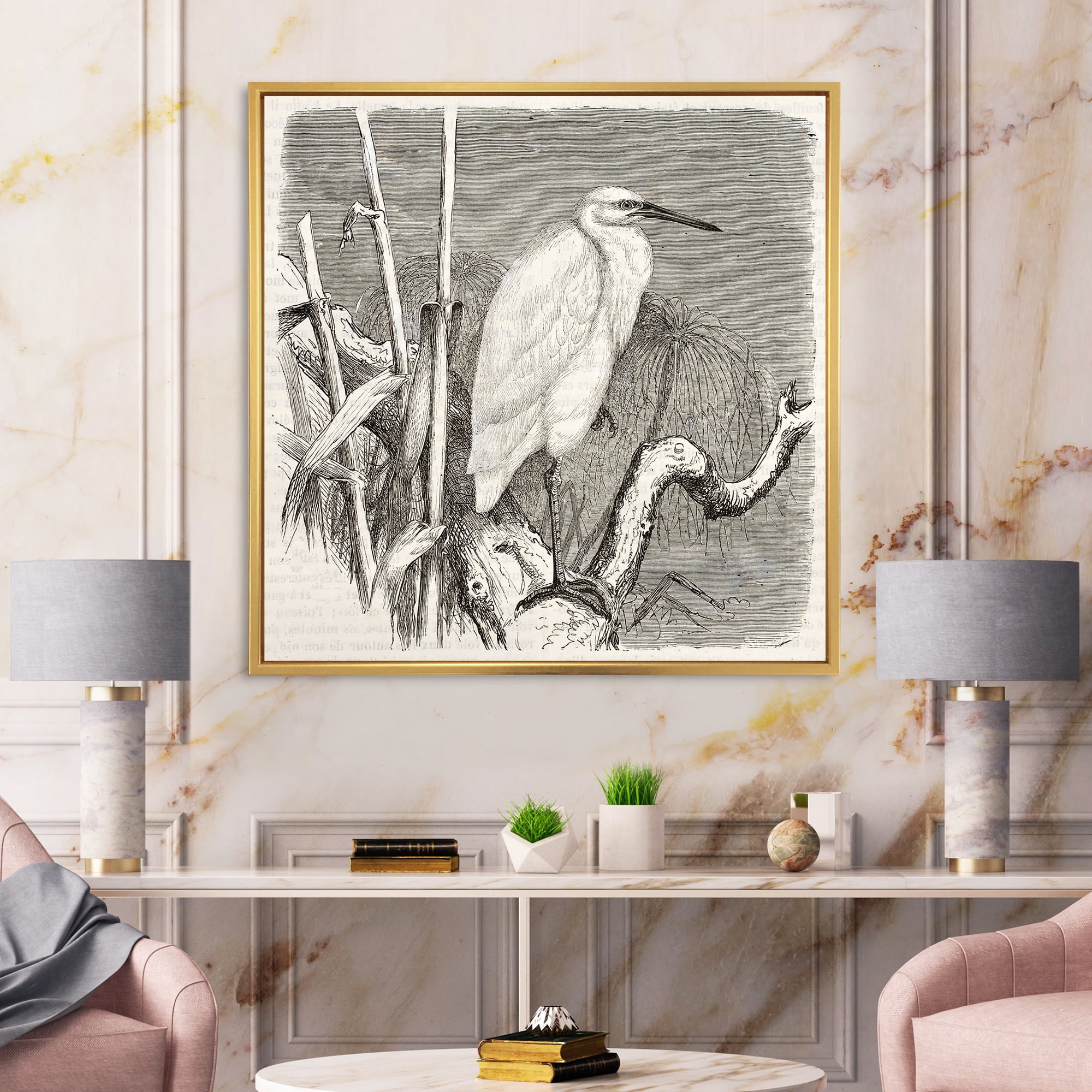 Designart 'Little Egret Bird in Monochrome' Farmhouse Framed Canvas Wall Art Print