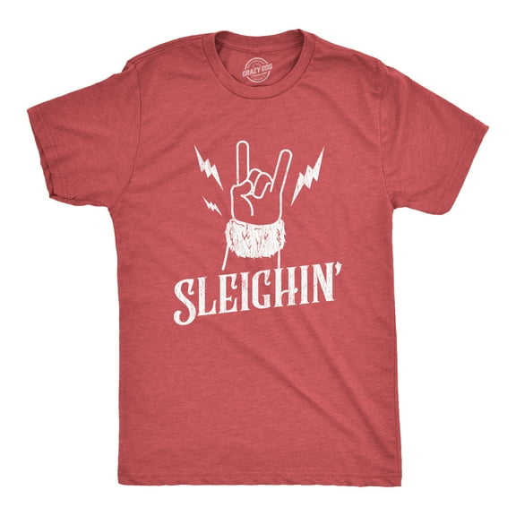 Mens Sleighin T Shirt Funny Santa Claus Christmas Rock and Roll Metal Fingers Graphic Tee Graphic Tees