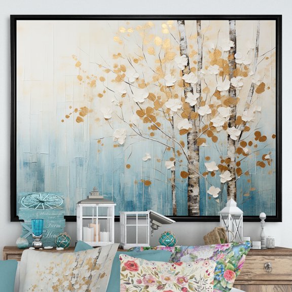 Designart "Blue And Gold Minimalist Forest I" Forest Floater Framed Wall Art Prints