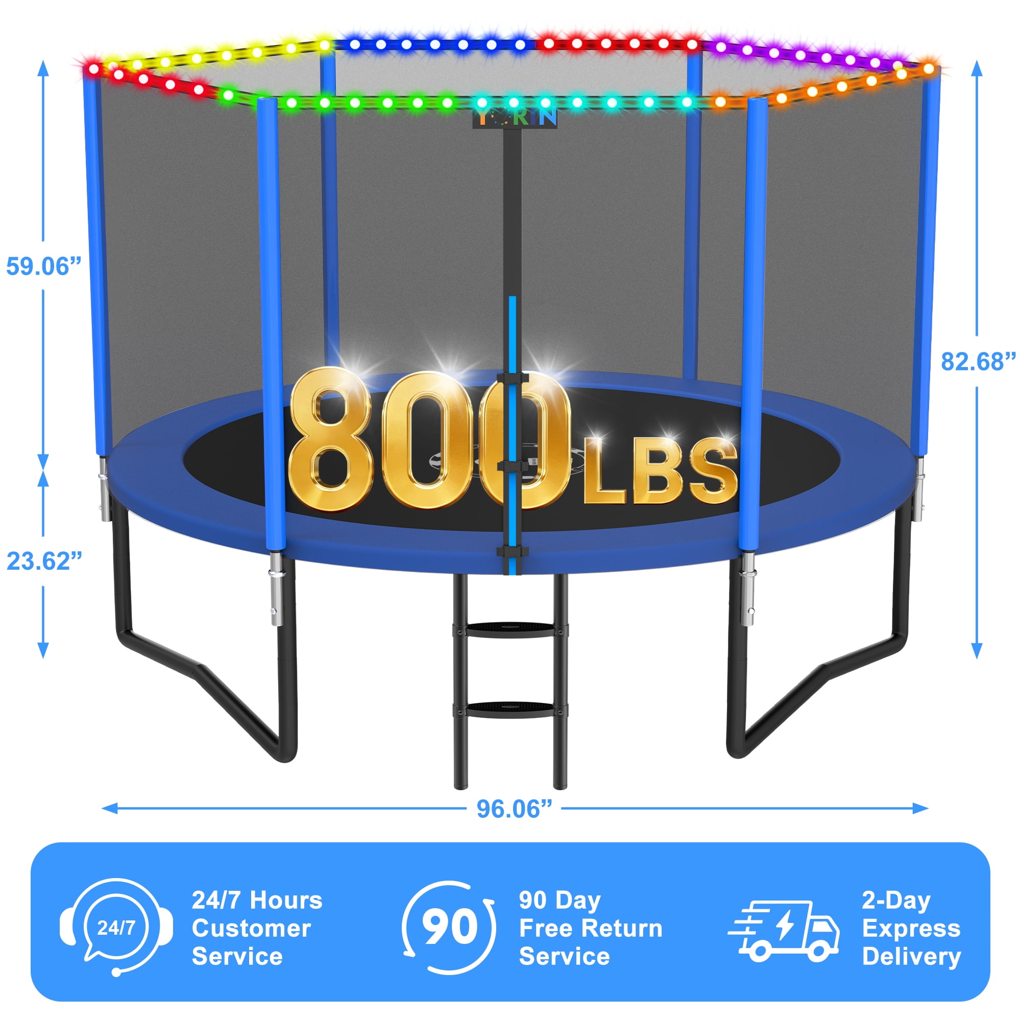 YORIN 8FT 10FT 12FT 14FT Trampoline with Enclusore Net, Sprinkler & LED Lights, 800LBS Capacity Outdoor Trampoline for 2–3 Kids, Safety Enclosure Net, Ladder, Heavy-Duty Backyard Round Trampoline