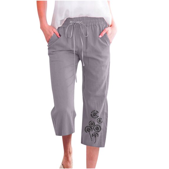 Yuanlook Casual Cropped Pants for Women, Cotton Linen Elastic Drawstring Waist with Dandelion Print, Everyday Wear Trousers, S-XXXL